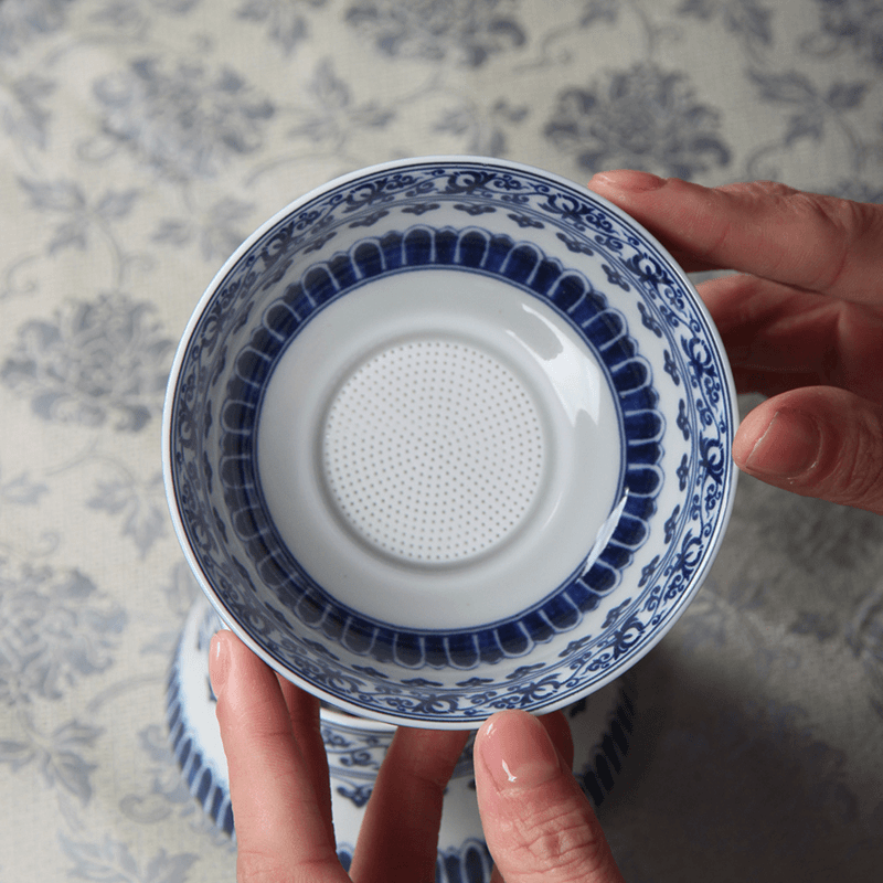 Jingdezhen Blue and White Lotus Vine Tea Filter With Containning Base