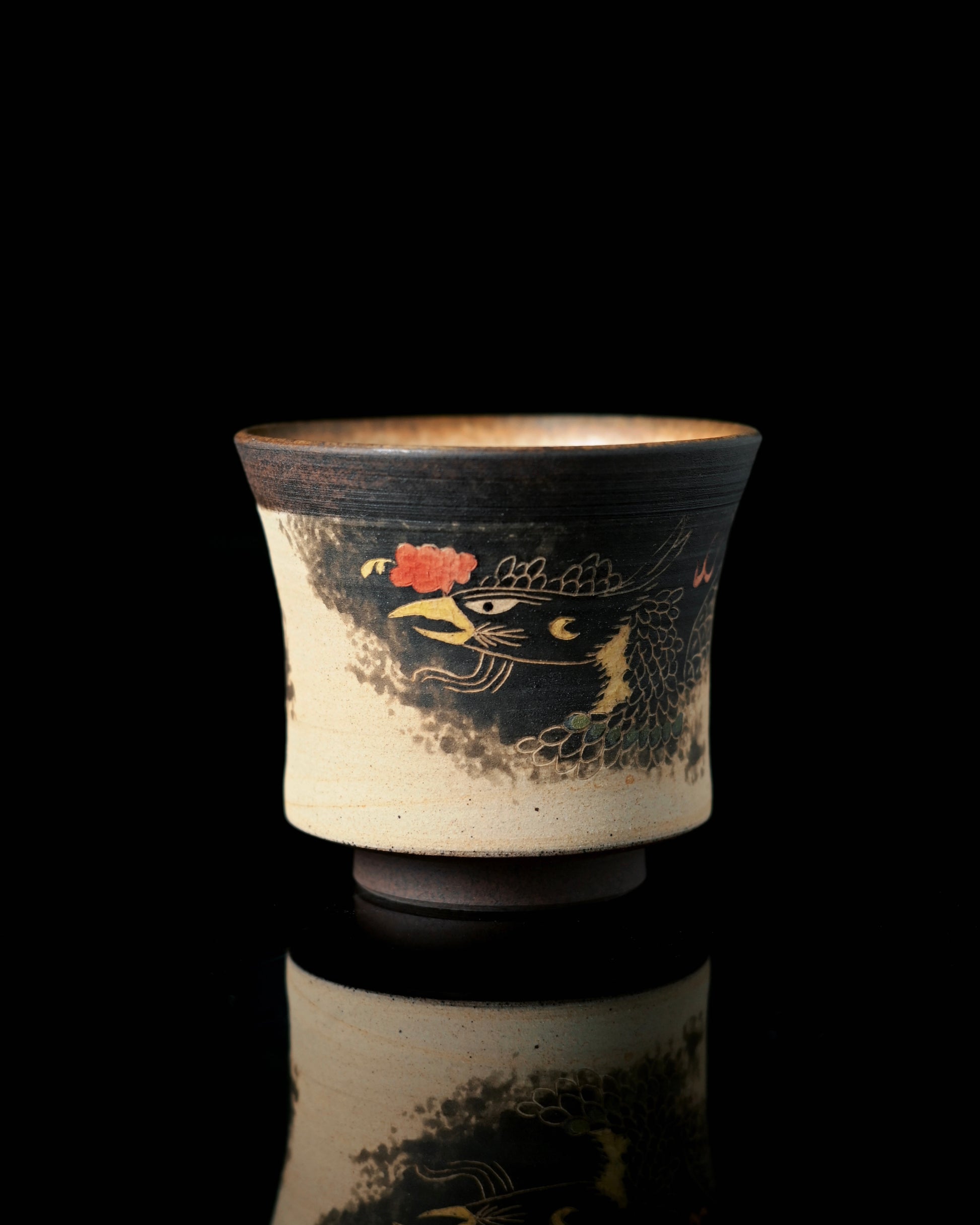 Chinese ink painting style phoenix pattern ceramic teacup with using kohiki technique