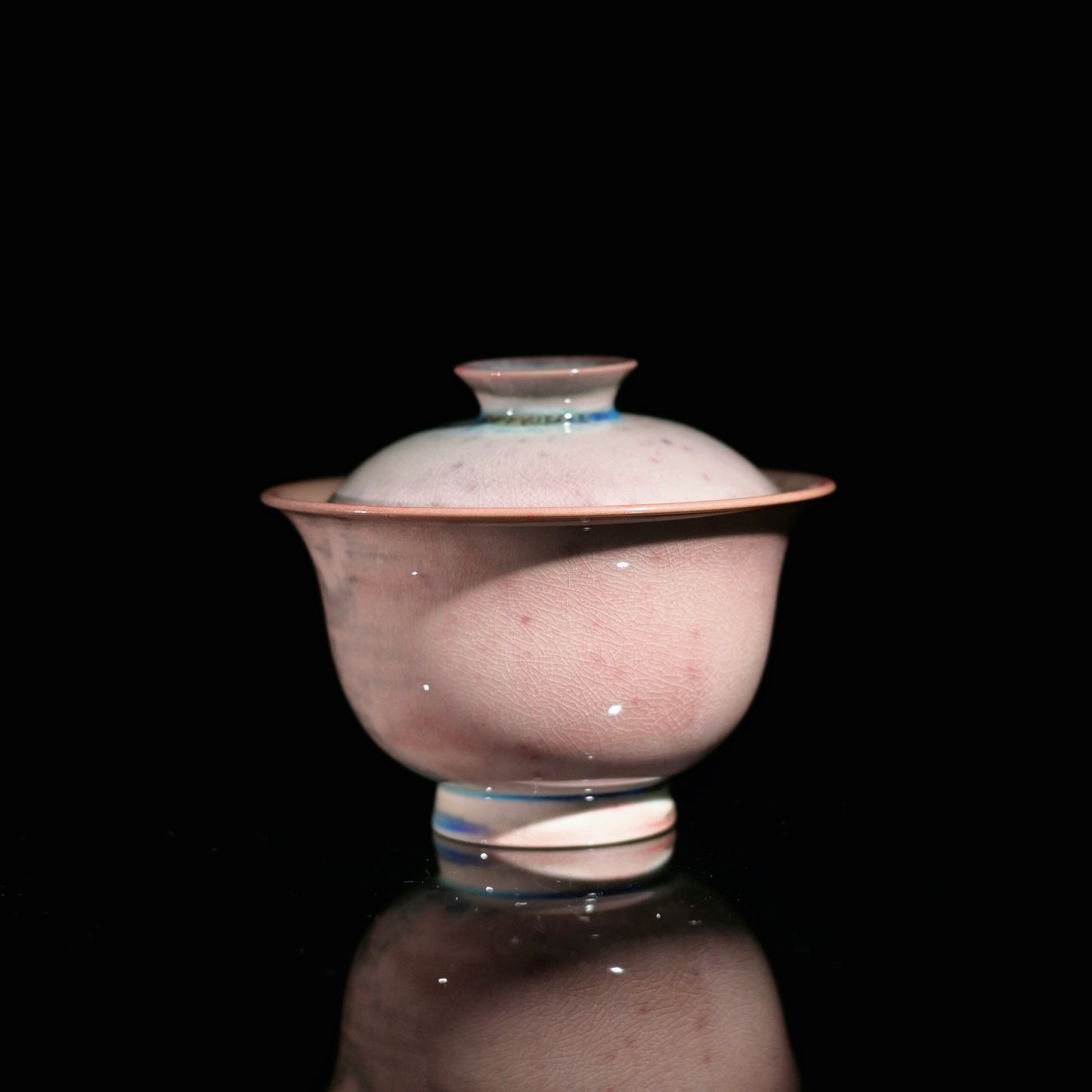 SAANWU handmade blush pink soda firing gaiwan, full three-piece ceramic tea bowl with natural ice crack glaze, oriental wabi sabi gongfu tea ware