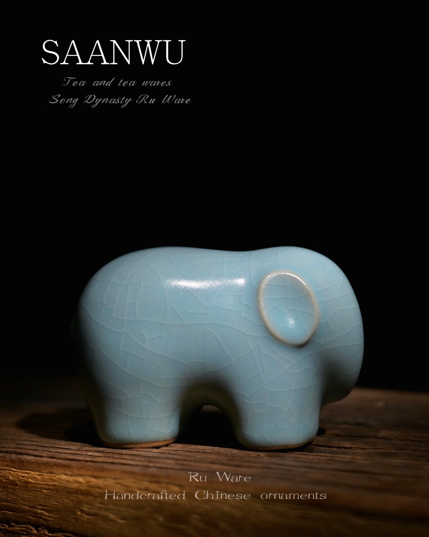 Playable Ru Ware elephant tea pet with ageable crackle glaze, sky blue porcelain tea play ornament that darkens with long term tea pouring