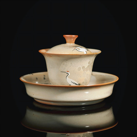 Jingdezhen handcrafted three talents gaiwan set with hand painted cranes pattern, 120ml capacity