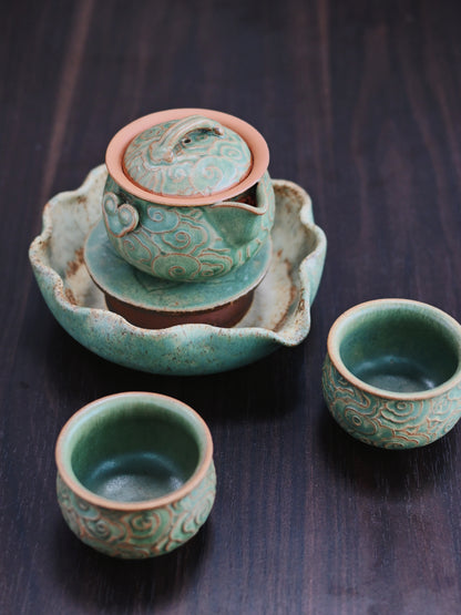 Saanwu Studio Wabi-sabi style coarse caly hand held tea set with tea tray, green glaze