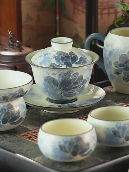 Jingdezhen Hand-Carved Blue & White Porcelain 11-Piece Gongfu Tea Set