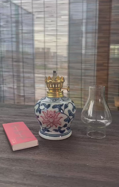 Blue and white with underglaze red decorative butter lamp for tea table aesthetic, cultural tea accessory