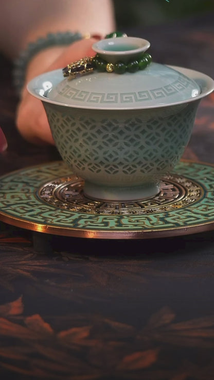 Longquan Celadon Handcrafted Linglong Pierced Gaiwan 130ml
