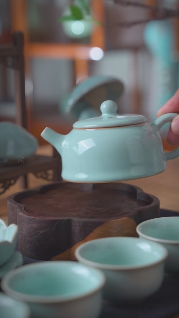 Lifestyle banner shot of the complete Ru Kiln Sky-Cyan Gongfu Tea Set ready for tea tasting.