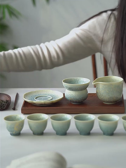 Smoky Cyan Glaze Kiln-Change Crystal Ice Flower Teacup / Teapot/ Teaset