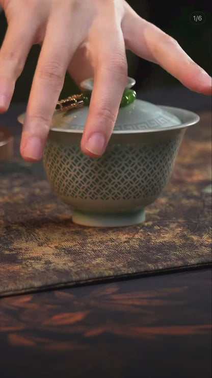 Longquan Celadon Handcrafted Linglong Pierced Gaiwan