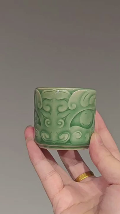 Longquan Celadon Ancient Bronze Taotie Mask Relief Teacup 80ml