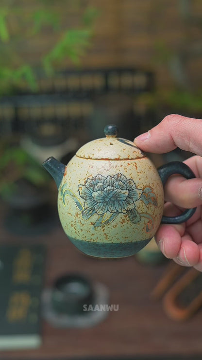 Old Clay Blue-and-White Volcanic Stone Style Caramel Glaze Teapot with Hand-Painted Peony Design