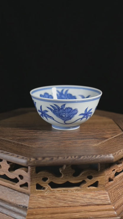 Masterfully hand-painted underglaze blue and white lotus scroll design on Jingdezhen kaolin porcelain, featuring eggshell-thin walls and Ming Dynasty-inspired artistry from the Twelve Palaces collection.