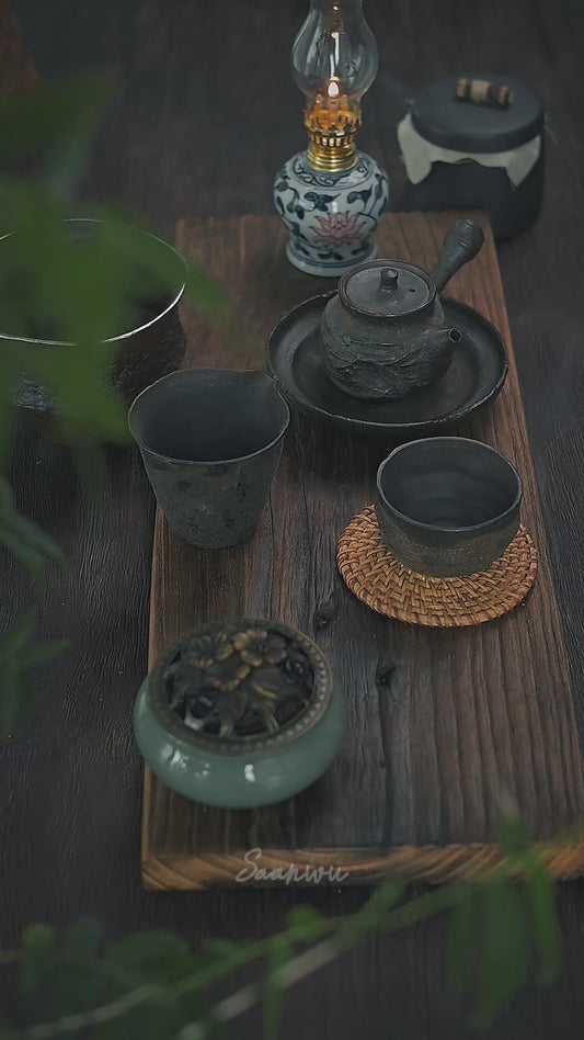 Wabi-Sabi Handcrafted Wood-fired Coarse Clay Side-Handle Teapot / Tea Set