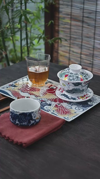 Underglaze multicolor hand-painted Gaiwan with Chinese-style patterns of  Qilin and calligraphy