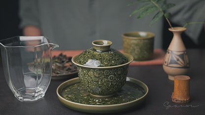 Longquan Celadon "Hundred Flowers" Relief-Carved Three-Piece Gaiwan Set