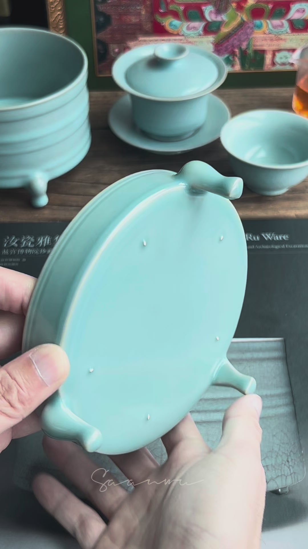 Triple-legged Ru ware celadon stand reproducing Song Dynasty original, featuring crackle-free glaze, five pin marks, and versatile ceremonial use.