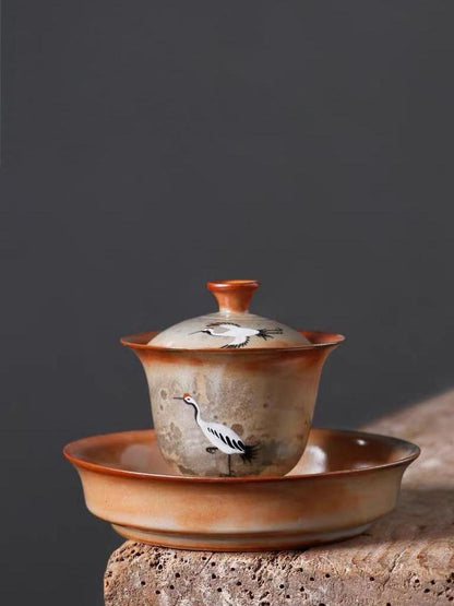 Saanwu handcrafted and hand painted cranes pattern gaiwan set with saucer for tea sessions