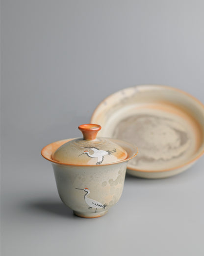 Saanwu handcrafted and hand painted cranes pattern gaiwan set with saucer for tea sessions