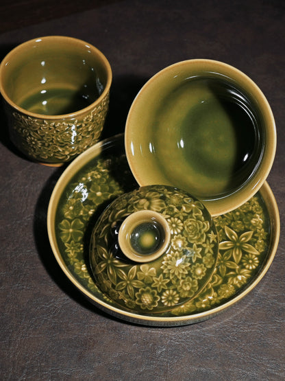 Longquan Celadon "Hundred Flowers" Relief-Carved Three-Piece Gaiwan Set