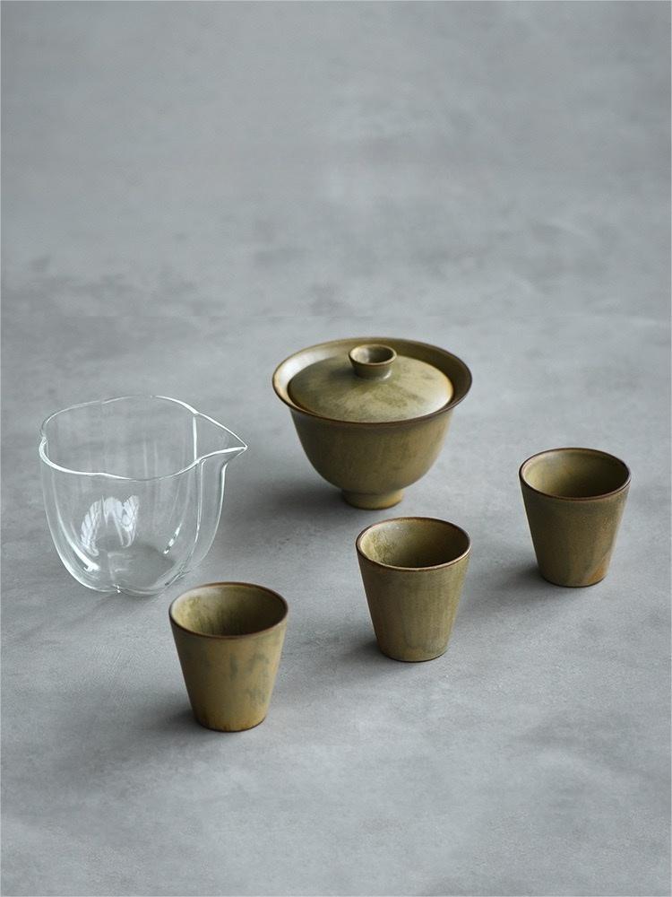 5pcs in 1 Yellow-green Ceramic Kiln Glaze Wabi-sabi Style Tea set