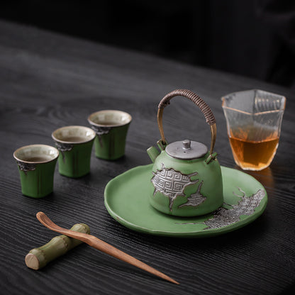 Théière en Poterie Rustique Vintage avec Glaçure Céladon