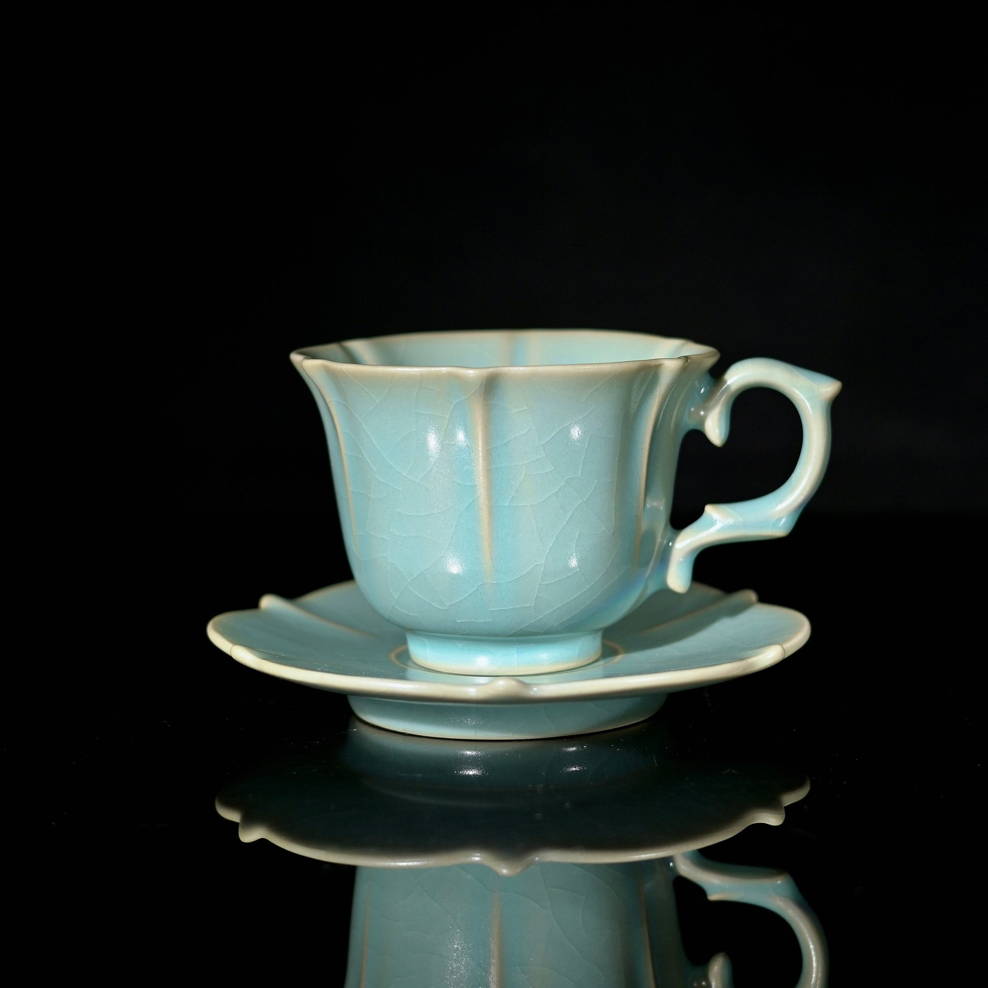 Ru‑style sky‑blue celadon cup and saucer set, handcrafted floral‑rim porcelain with heritage spur‑support firing