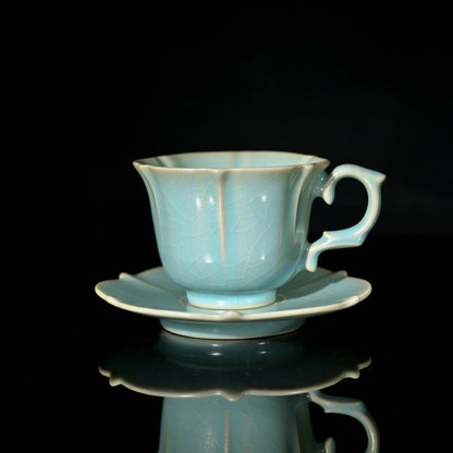 Ru‑style sky‑blue celadon cup and saucer set, handcrafted floral‑rim porcelain with heritage spur‑support firing