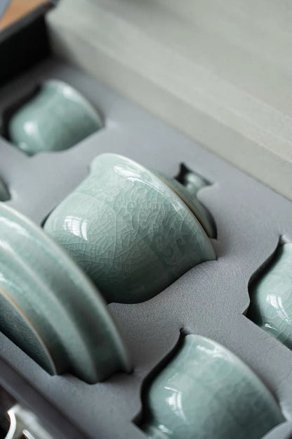 The Ru Kiln porcelain travel tea set neatly packed inside its compact protective storage bag.