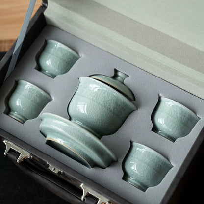 Protective travel case designed for the Ru Kiln Powder-Celadon Travel Tea Set.