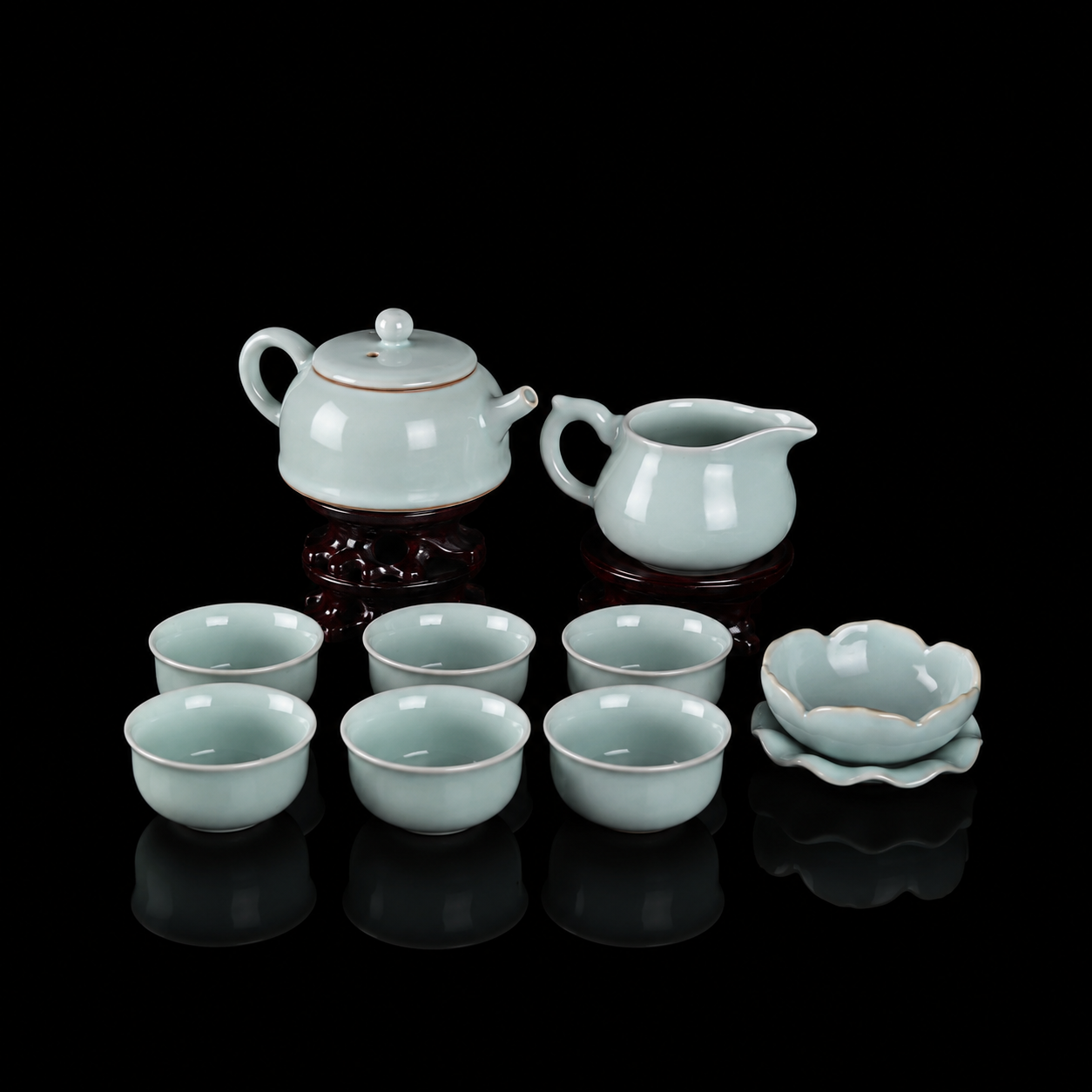 Ru Kiln Sky-Cyan Azure Sky 10-Piece Gongfu Tea Set arranged in a studio photo.
