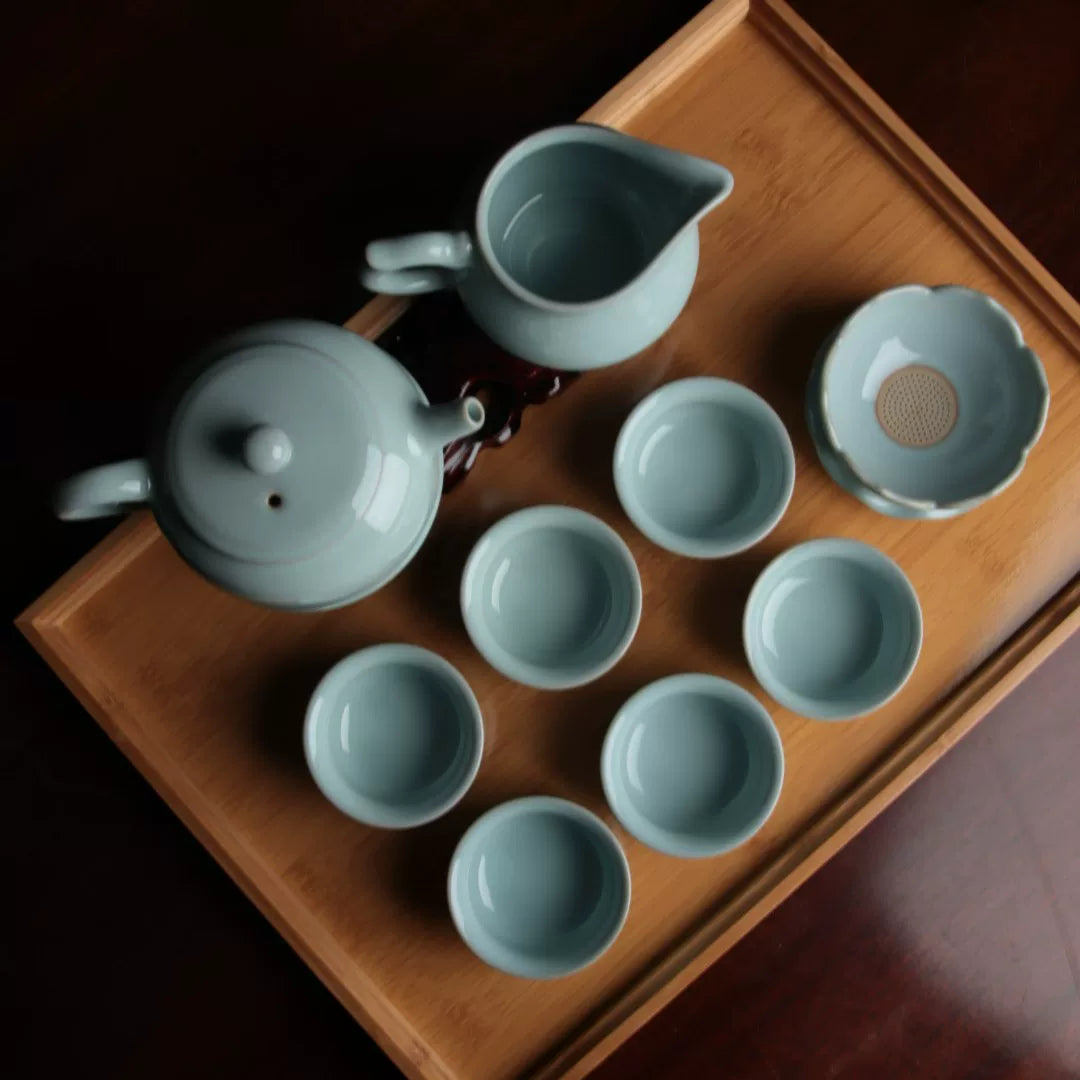 Top-down interior view of a Ru Kiln sky-cyan teacup showing smooth porcelain walls.