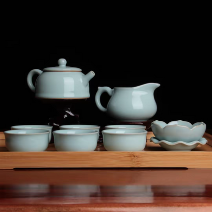 Artistic side-lit photo highlighting the subtle blue tones and glossy texture of the Azure Sky glaze.