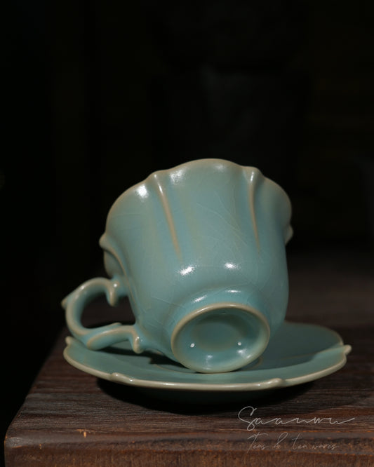 Ru‑celadon art cup made with ancient spur‑support firing technique, premium hand‑crafted Chinese porcelain