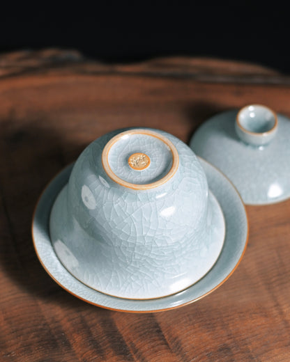 Detail of agate infused celadon glaze on Ru ware gaiwan