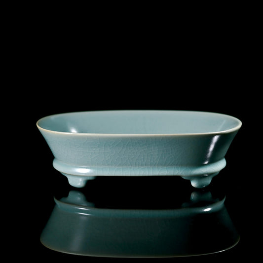 Ru ware narcissus basin reproduction with six pin marks and crab claw crackles, museum-quality Northern Song Dynasty replica for tea table decoration