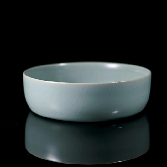 Ru ware sky-blue glaze round brush washer reproduction with five pin marks, replicating Northern Song Dynasty ceramic artistry