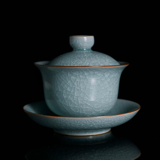 Ru ware San Cai gaiwan with celadon glaze including lid bowl and saucer