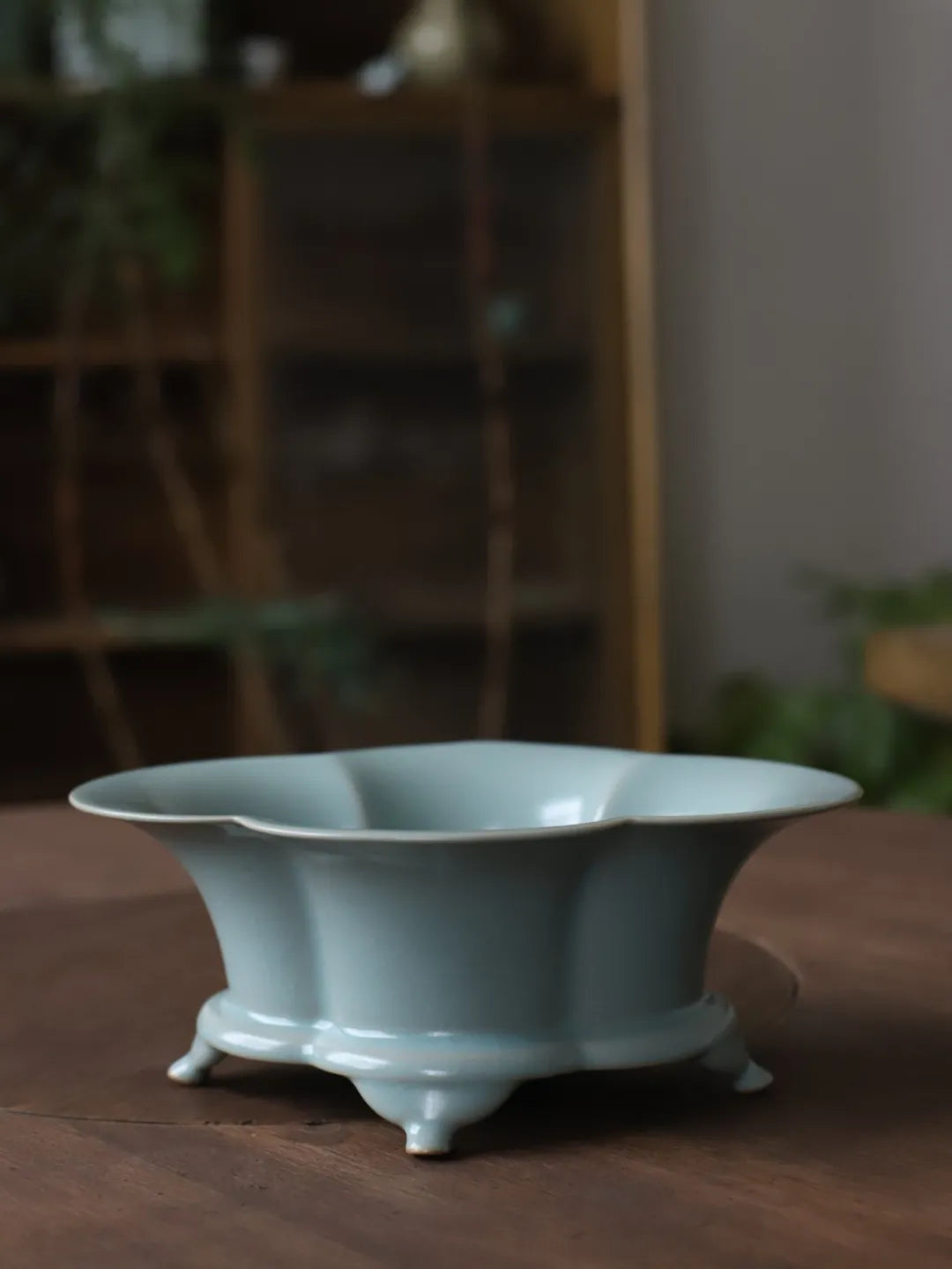 Close-up of Ru Ware basin flared rim showing soft sky blue glaze ideal for serving fruits and tea snacks