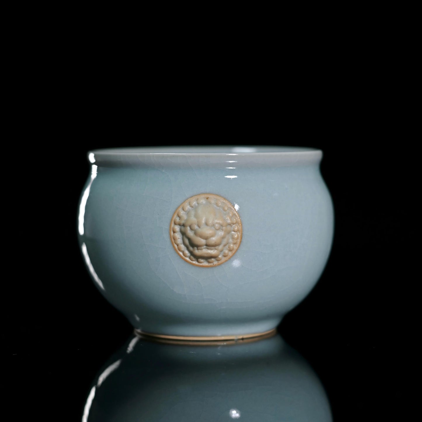 Ru ware sky-blue tiger head master cup with hand-pinched tiger sculptures on opposite sides of barrel form