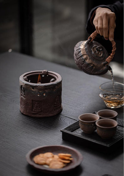 Théière rustique en argile de style Wabi-sabi avec poignée rétro et réchaud à alcool