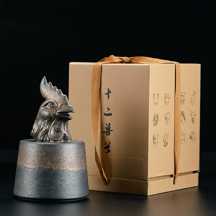 Large rustic zodiac animal tea storage jar