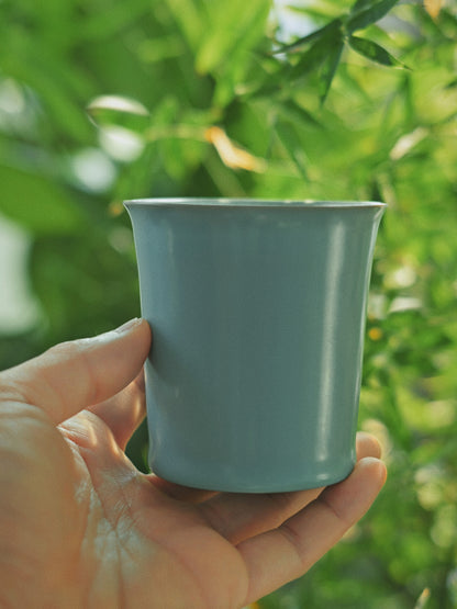 Traditional Chinese Ru kiln porcelain teacup with sky-blue glaze
