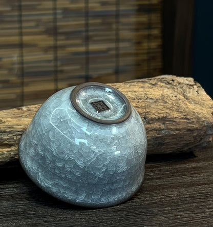 Saanwu Studio ceramic tea cup with Longquan celadon ice crackle glaze and traditional weighted bottom construction