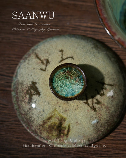 SAANWU artisanal soda firing gaiwan with mirror reflection, crackled surface glaze, handwritten calligraphy oriental tea set piece