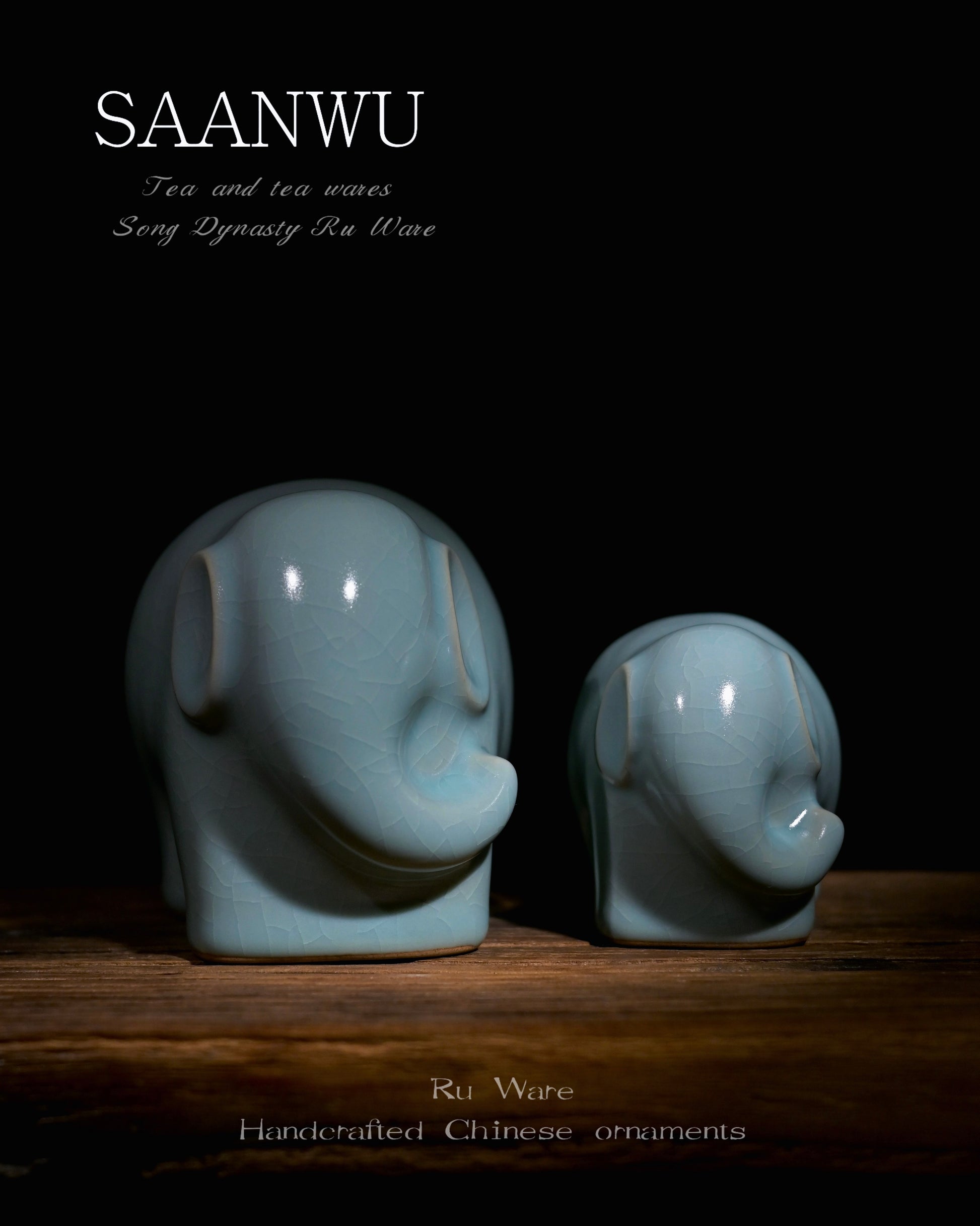 SAANWU parent and baby elephant tea pet pair, authentic Ru Ware cicada wing crackle glaze, traditional gongfu tea table decoration