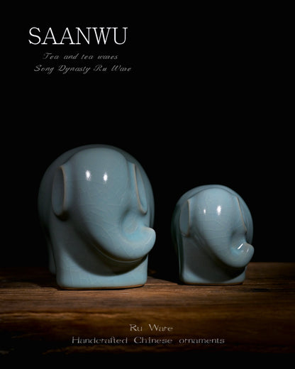 SAANWU parent and baby elephant tea pet pair, authentic Ru Ware cicada wing crackle glaze, traditional gongfu tea table decoration