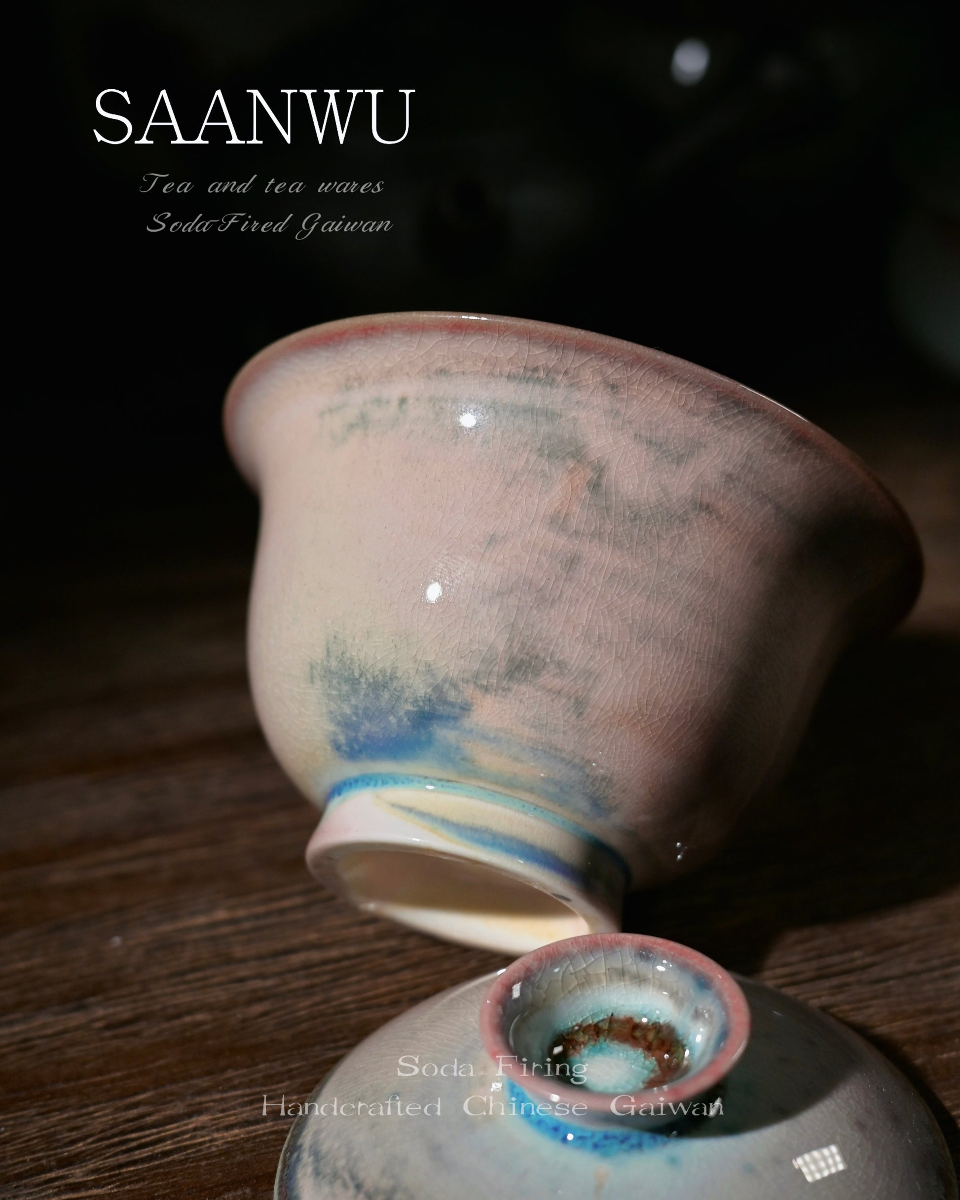  Complete SAANWU blush soda firing gaiwan set, lid + bowl, floral crystal inner glaze, handcrafted oriental tea accessory