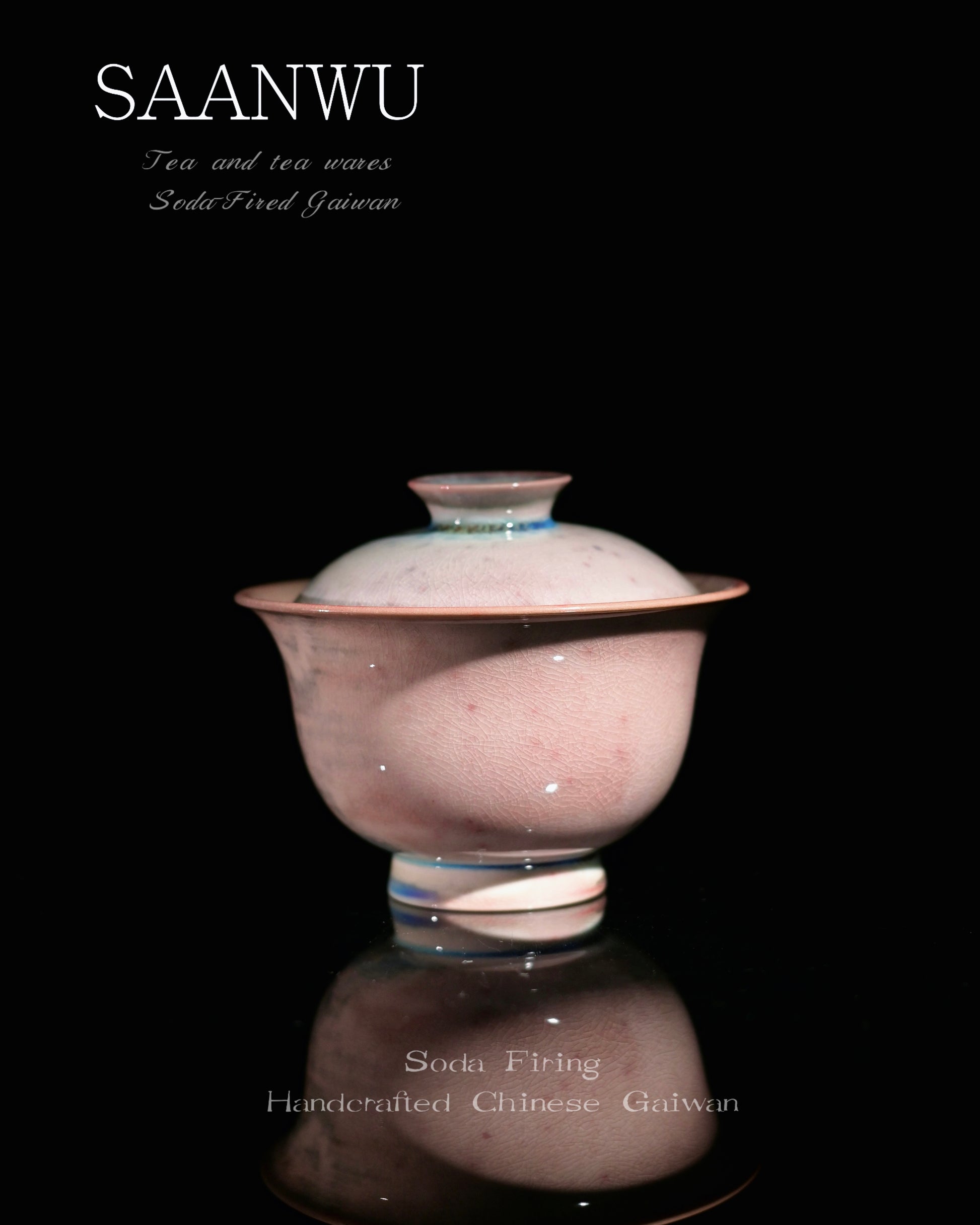SAANWU blush soda firing gaiwan in dark vintage tea room, minimalist wabi sabi ceramic decor for gongfu tea ceremony
