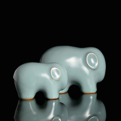 SAANWU handmade Song Ru Ware parent baby elephant tea pet set, sky cyan glaze natural cicada wing crackle, Chinese ceramic tea table ornament