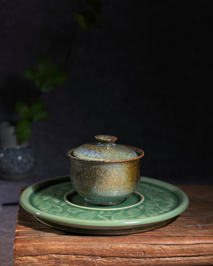 Chinese handmade magnolia carved Longquan celadon teapot tray, retro oriental tea ceremony decorative dish