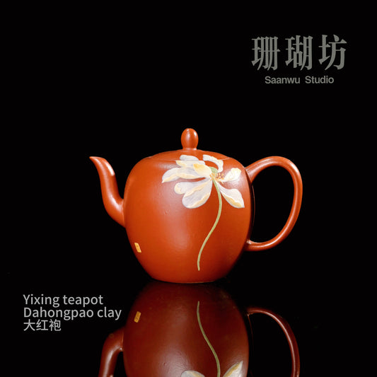 Saanwu Studio handcrafted Yixing Da Hong Pao teapot with hand-painted lotus in mineral slip on warm red-brown clay ground